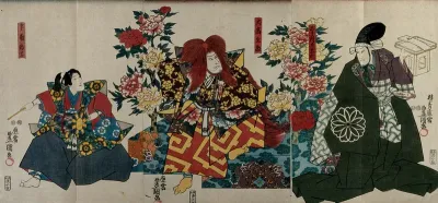Actors in formal dress in a courtly setting: the figure of Nakamura IV wears a long, red lion wig; the boy to the left plays a drum; the man to the right holds an offering tray with a petition on it