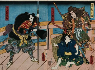 Actors on a bridge at night: two heavily armed warriors (Yoroku and Usumaru) confront a youth (Saraka-maru)