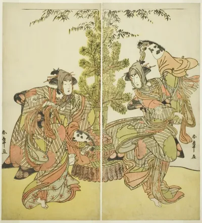 Actors Segawa Kikunojô III as Yasukata and Iwai Hanshirô IV as Utôin Performing a Hobbyhorse Dance (Harugoma odori) in “The Fifth Genji Mitsugi’s Robe (“Godai Genji Mitsugi no Furisode”)