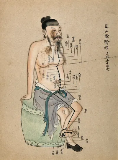 Acupuncture chart with a series of points indicated on the figure of a seated Chinese man
