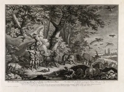 Adam and Eve are driven from Eden by an angel
