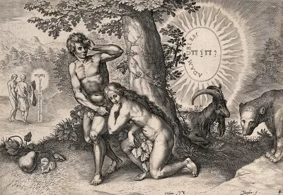 Adam and Eve conceal their nakedness; in the distance they receive clothes from God