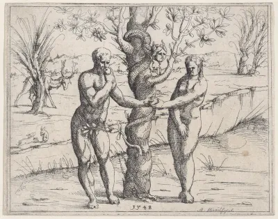 Adam and Eve Eating the Forbidden Fruit, from "Old and New Testaments"