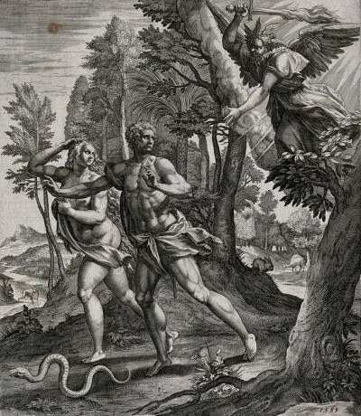 Adam and Eve expelled from Eden by an angel with a flaming sword