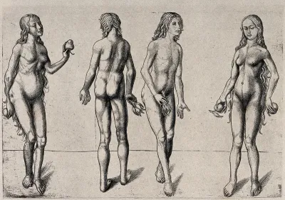 Adam and Eve holding fruit: Four figures