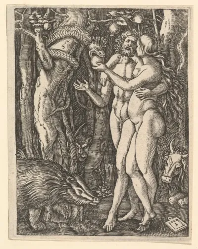 Adam and Eve with apple and serpent, from "The Passion of Christ", after Dürer