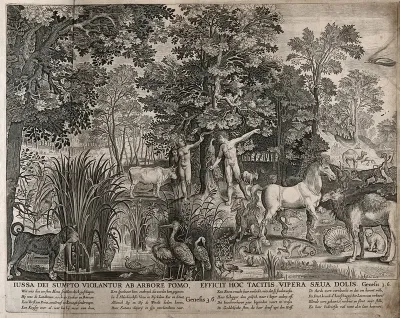 Adam and Eve with the serpent and other animals in the garden of Eden