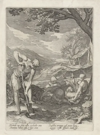 Adam en Eva aan het werk buiten het Paradijs