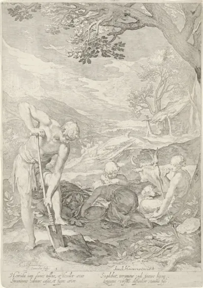 Adam en Eva aan het werk buiten het Paradijs