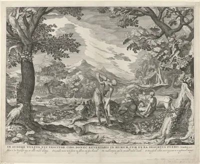 Adam en Eva aan het werk buiten het Paradijs