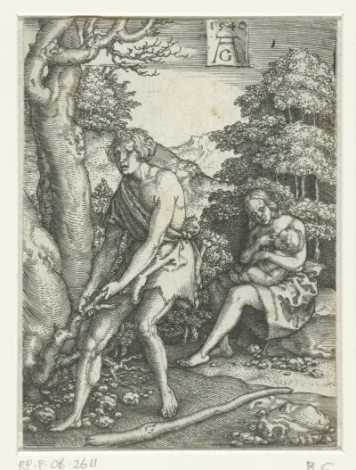 Adam en Eva aan het werk buiten het Paradijs