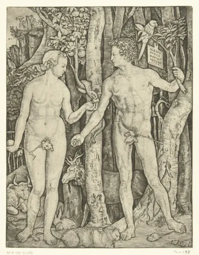 Adam en Eva bij boom van kennis van goed en kwaad in paradijs tijdens zondeval