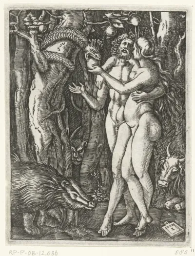 Adam en Eva bij zondeval in paradijs