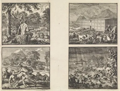 Adam en Eva in het paradijs / Abel door Kaïn doodgeslagen / Noach laadt alle dieren in de ark / De Zondvloed