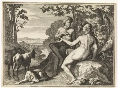 Adam en Eva omringd door de dieren in het paradijs