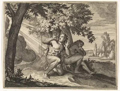 Adam en Eva verbergen zich voor God