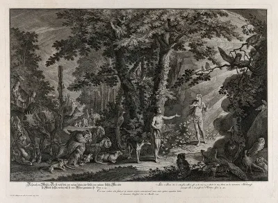 Adam gestures towards a radiant Eve, flesh of his flesh