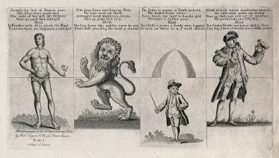 Adam holding a flower; a lion; a youth holding a sword; a rich man with money in his hands