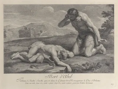 Adam kneels in grief beside the body of Abel, while Cain flees in the background