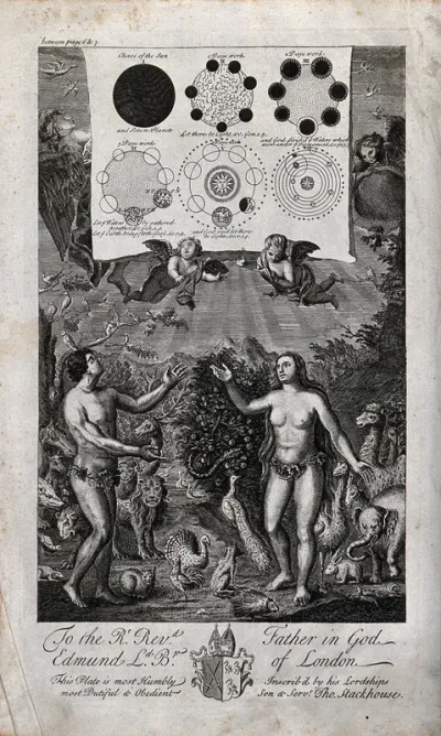 Adam looks in wonder at the divine cosmological plan, represented above him in astronomical figures on a scroll; Eve looks at Adam