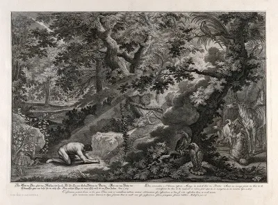 Adam prays in the Garden of Eden