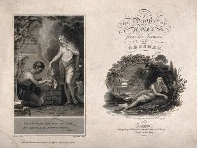 Adam sacrifices a lamb, which Eve scatters with flowers (left); Thirza mourns by the water (right)