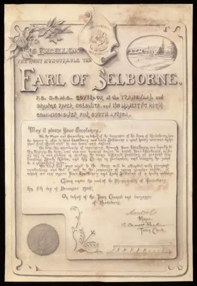 Address to the Earl of Selborne from the town of Heidelberg, Transvaal