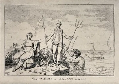 Admiral Rodney stands between Britannia and Neptune