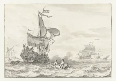Admiraliteitsjacht op weg naar een voor anker liggende vloot