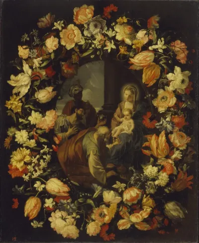 Adoration of the Magi framed by a Garland of Flowers