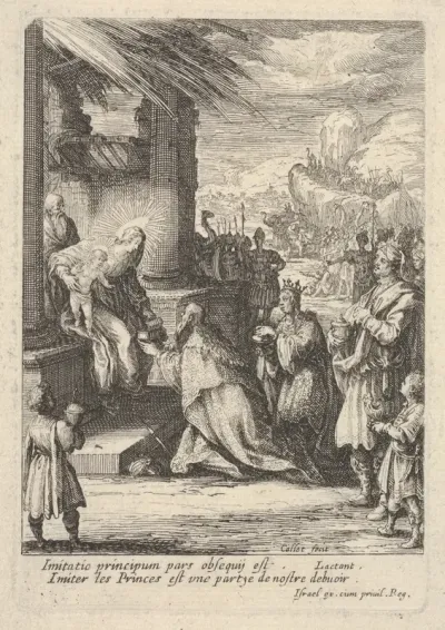 Adoration of the Magi, with Mary bracing Jesus with her right hand and reaching for a gift with her left