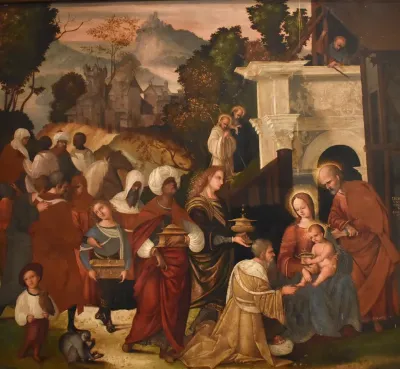 Adoration of the Magi with Saints Bernard and Alderic in the landscape