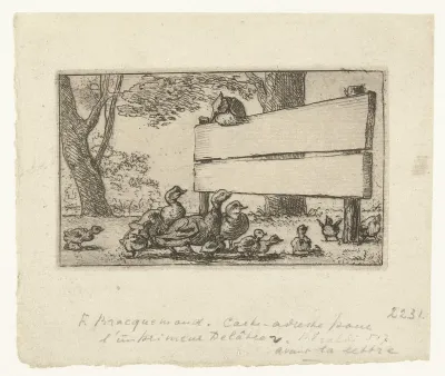 Adreskaart met eenden bij een houten hek voor de drukker Delâtre
