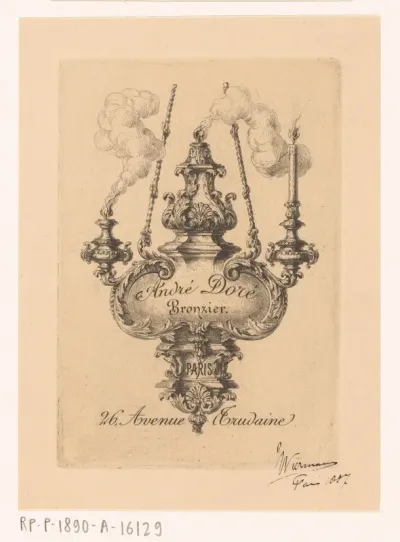 Adreskaart voor André Doré, vervaardiger van bronzen kunstvoorwerpen in Parijs