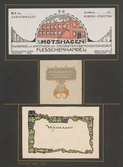 Advertenties van Motshagens handel in apotheek- en drogisterijbenodigdheden en muziekhandelaren G. Alsbach & Co