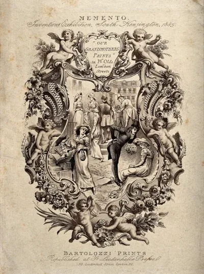 Advertisement for the Inventions Exhibition, South Kensington; with groups of elegant men and women in a London street, within a frame decorated with winged boys and flowers