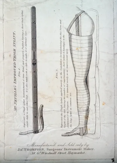 Advertisment for a thigh splint: two figures, including an illustration showing the splint in place on a bandaged limb