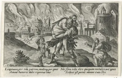 Aeneas draagt zijn vader het brandende Troje uit