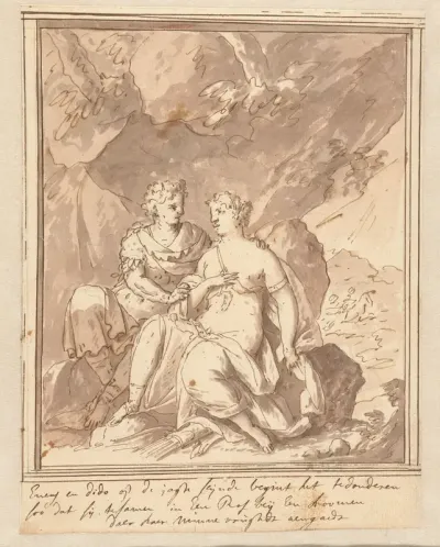 Aeneas en Dido schuilen in een grot