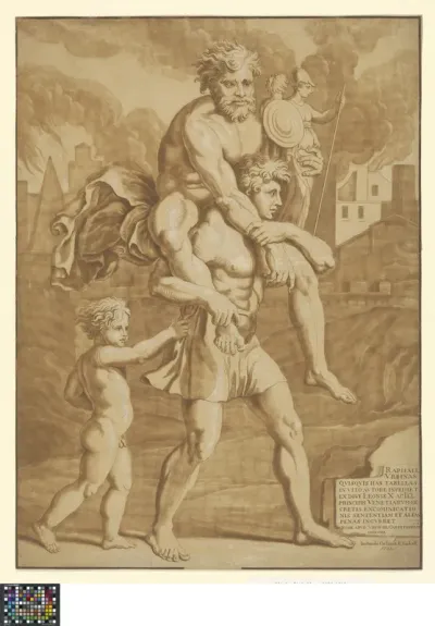 Aeneas flees with his family from Troy