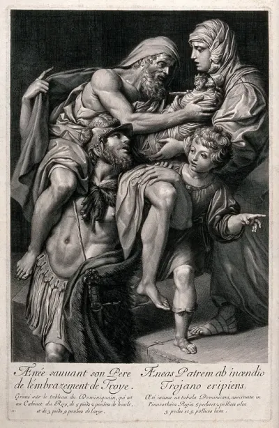 Aeneas is standing with his father Anchises on his shoulders as he rescues him from the fire of Troy, and he receives the household gods from his wife, Creusa