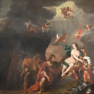 Aeneas ontvangt door voorspraak van Venus een nieuwe wapenrusting in de smidse van Vulcanus