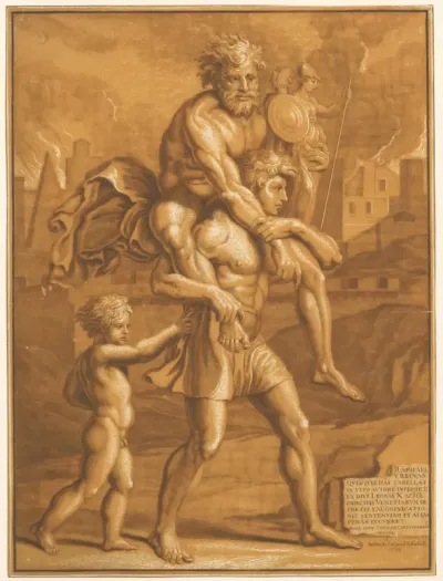 Aeneas vlucht met zijn familie uit Troje