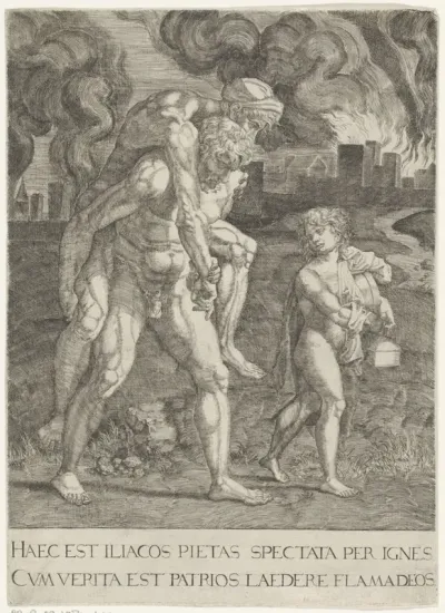 Aeneas vlucht met zijn familie uit Troje