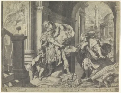 Aeneas vlucht met zijn familie uit Troje