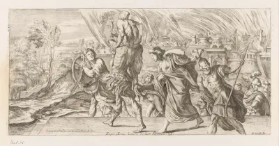 Aeneas vlucht met zijn familie uit Troje