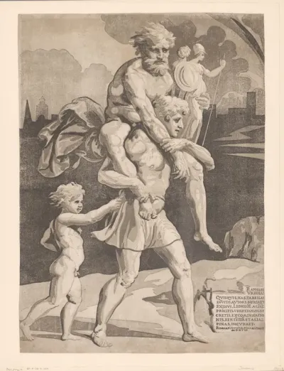 Aeneas vlucht met zijn familie uit Troje