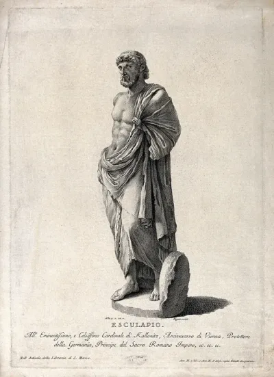 Aesculapius. Engraving by I. Wagner after Antonio Maria (Girolamo) Zanetti and Antonio Maria (Alessandro) Zanetti