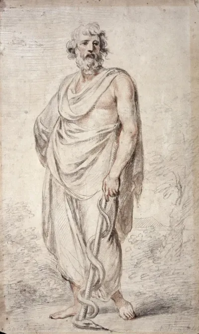 Aesculapius holding a staff encircled by a snake