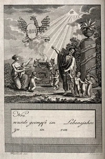 Aesculapius pays tribute to Edward Jenner for introducing vaccination